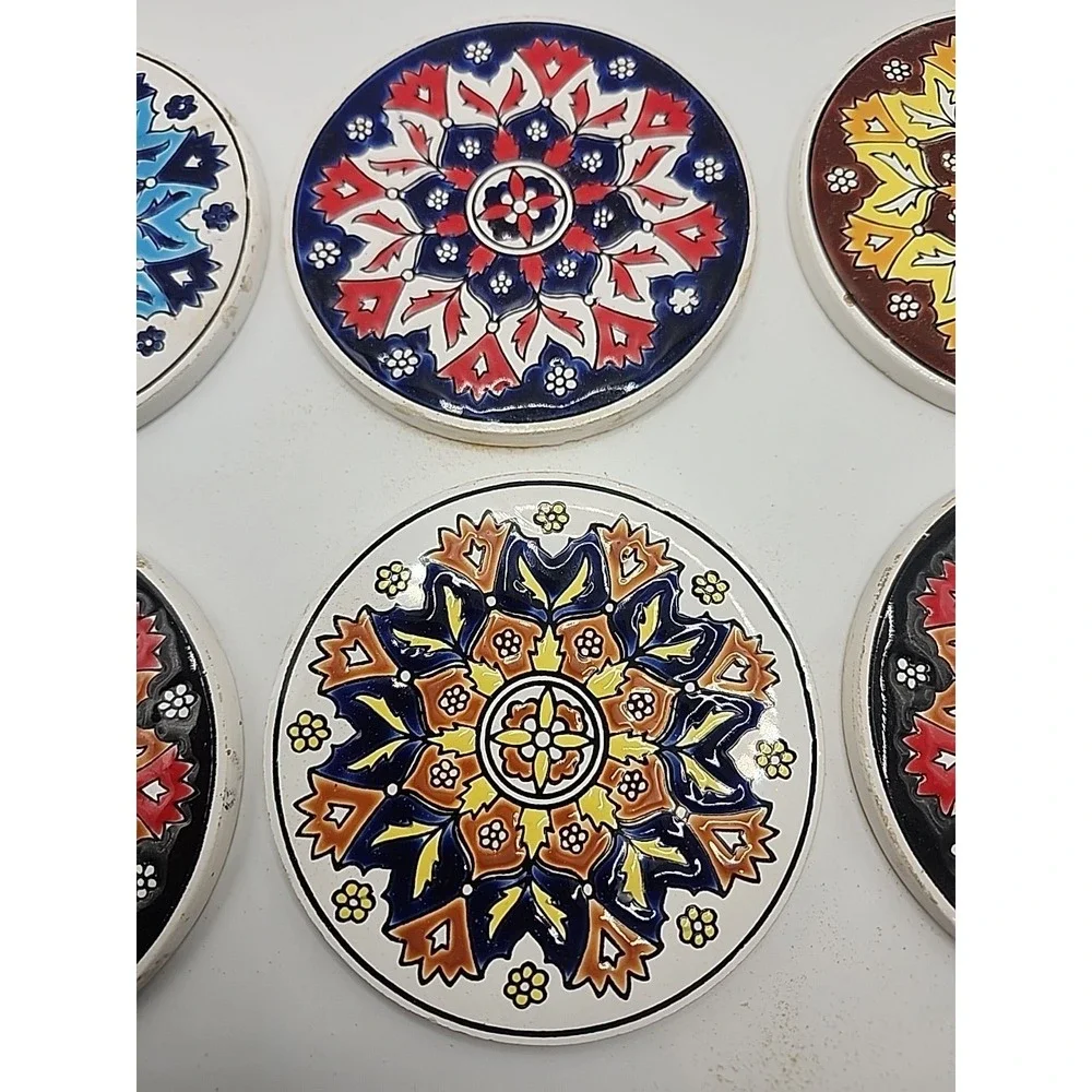 GORGEOUS HANDMADE 6 COASTER‎ SET BY NIARCHOS MADE IN GREECE MARKED CERAMIC TILES